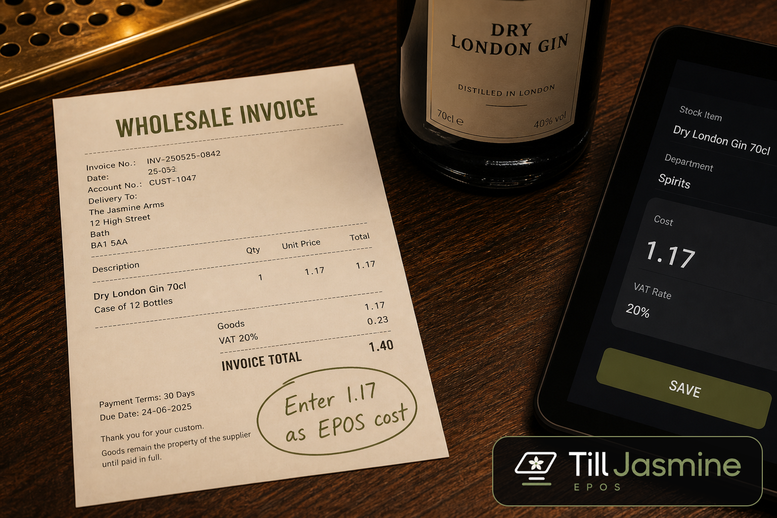 A UK drinks wholesaler invoice showing goods £1.17, VAT, and a note to enter £1.17 as the EPOS cost