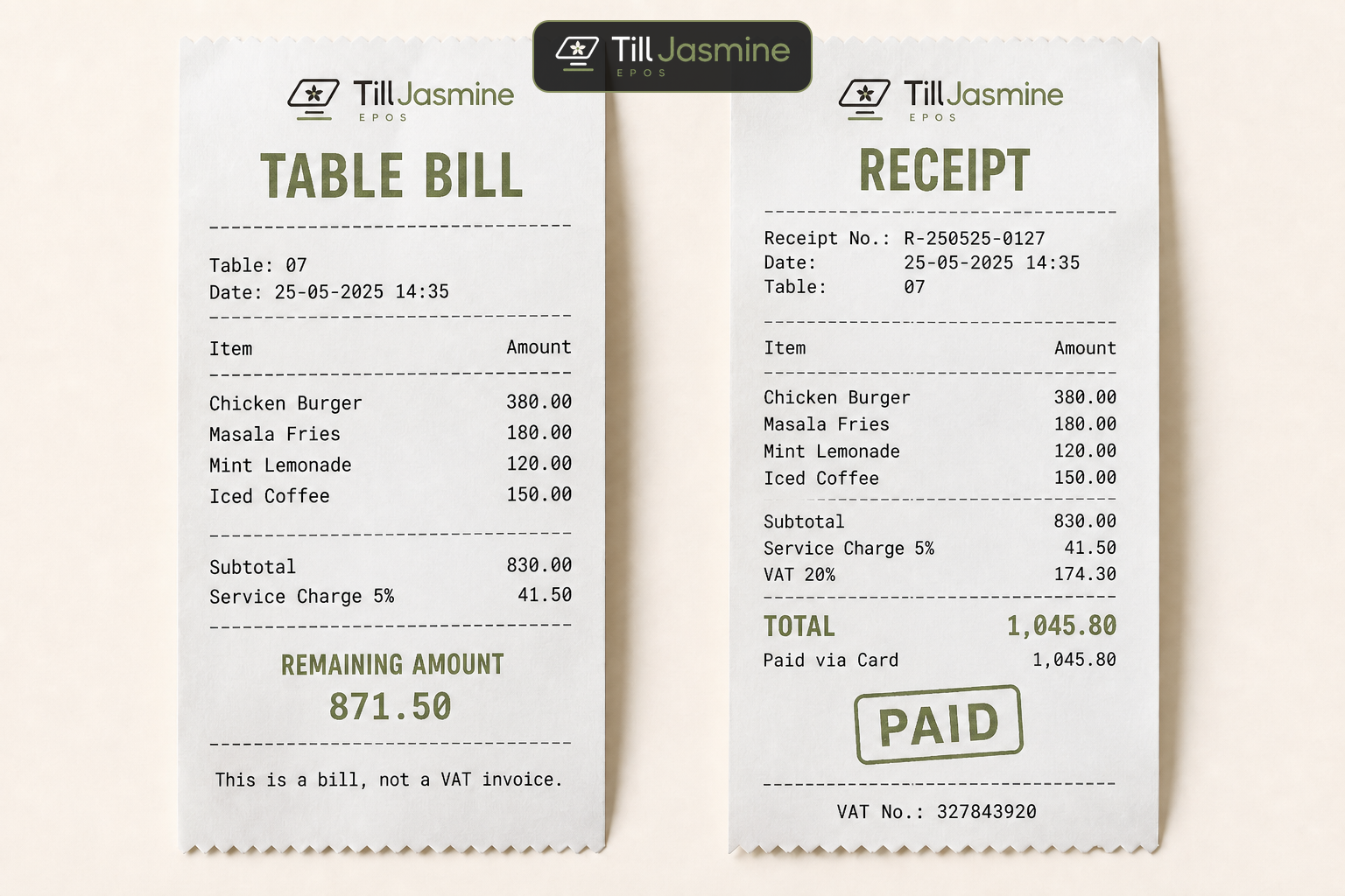 A table bill slip next to a paid VAT receipt