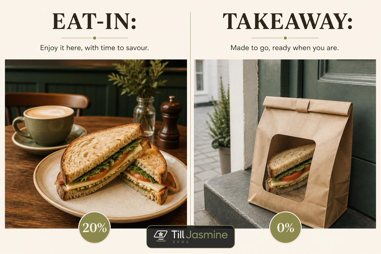 Split scene: eat-in sandwich at 20% VAT and the same sandwich as cold takeaway at 0%