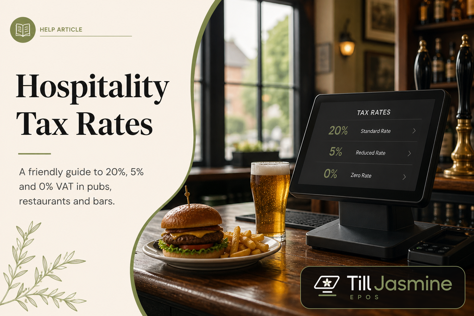 A pub bar till next to a pint and a burger, with tax rates on the screen